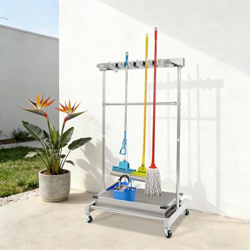 Broom and Mop Holder on Wheels, Load 440 LBS Movable Cleaning Cart Broom Storage Rack with Stainless Steel Basin,5 Mop Hanger Grippers, 12 Hooks, Garden Tool Stand for Garden,Hotels,Home