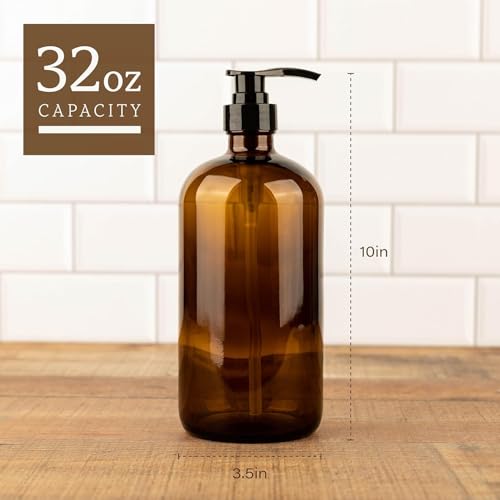 32 Ounce Glass Large Soap Dispenser - Refillable Shampoo and Conditioner Bottle with Pump for Shower and Bath - 1 Liter Shower Bottle- by Kitchentoolz - color: Amber, size: Pack of 1