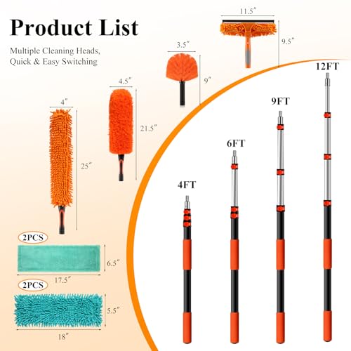 20ft High Ceiling Duster Kit with 4-12ft Heavy-Duty Extension Pole, Cobweb Duster, Ceiling Fan Duster, Window Squeegee & Cleaner, Microfiber Duster, Wall Mop for Home High Reach Cleaning