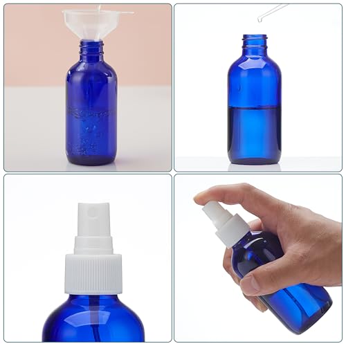 Cobalt Blue Glass Spray Bottles 4 oz, Small Empty Spray Bottles for Essential Oils, Fine Mist for Face, Hair, Plants, Travel, Perfumes, Cleaning Solutions - 4 Pack