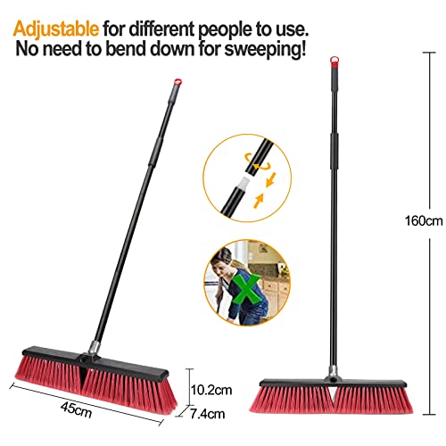 18 inches Push Broom Outdoor Garden Broom with 63" Long Handle for Deck Driveway Garage Yard Patio Concrete Floor Cleaning(Red) - color: Red