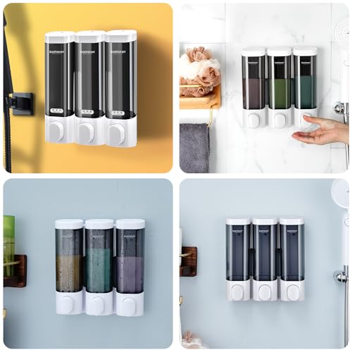 3 in 1 Wall Mounted Shower Dispenser, 3 x 10 oz Shampoo Body Wash Conditioner Pump, No Drill for Bathroom & Kitchen - color: White