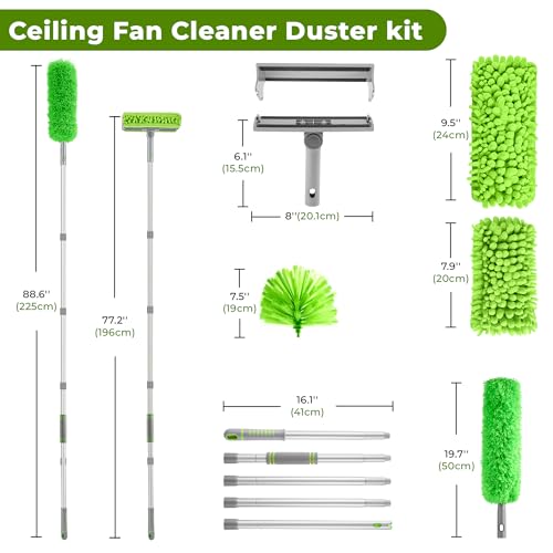 Ceiling Fan Cleaner Duster with 77" Extension Pole, 4-in-1 Reusable Microfiber & Chenille Fan Blade Cleaner, Bendable Fan Duster for Ceiling Fan Blade Blinds Baseboard Cobweb