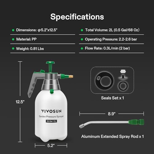 VIVOSUN 0.5Gal Handheld Garden Sprayer, 2L Pump Sprayer, 68 Oz Water Spray Bottle with Safety Valve, Adjustable Nozzle, Extended Spray Rod & Additional Seals, Ideal for Watering, Fertilizing, Cleaning - size: 68 ounce