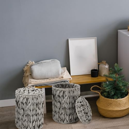 Ctosree 1.3 Gallons Small Trash Can with Lid Handle Boho Woven Braided Bathroom Waste Basket Trash Can with 100 Garbage Bags for Bedroom Office Laundry(Grey, Braided Polypropylene) - color: Grey, style: Round