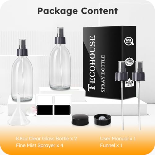 Tecohouse 2 Pack Glass Spray Bottles, 250ml Small Glass Bottles for Cleaning Solutions, Spray Bottles for Essential Oils, Plants, with Durable Nozzle, Labels, Funnel - Clear - color: 8.5 oz Clear-Black Lids