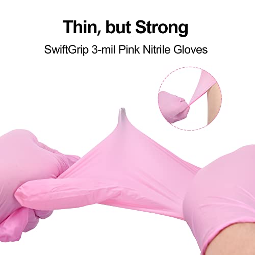 SwiftGrip Pink Nitrile Gloves, 3-mil, Industrial Gloves Disposable Latex Free, for Cleaning & Esthetician, Rubber Powder-Free, 100-ct Box (Large) - size: Large