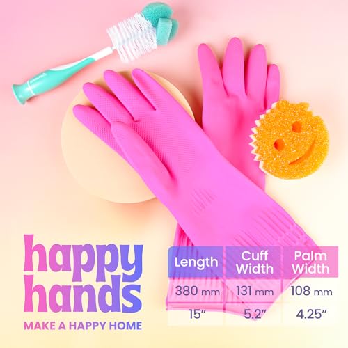 Happy Hands Rubber Cleaning Gloves – Versatile Waterproof Reusable Pink Gloves for Kitchen, Dishwashing, and Household Tasks, Hi-Tech Grip, Non-Slip, Tear-Resistant & Skin Friendly