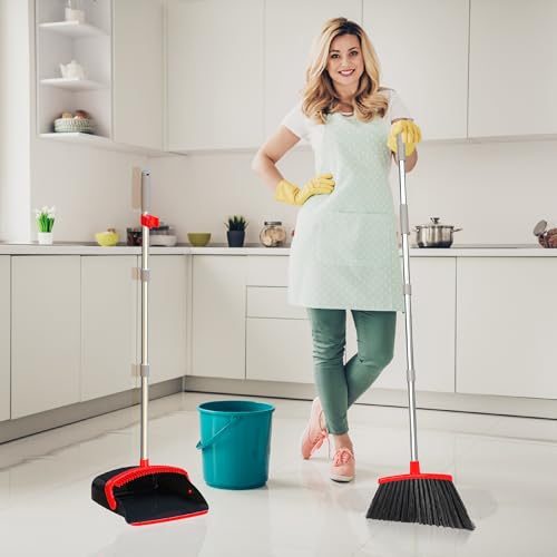Broom and Dustpan Set 55", Long Adjustable Stainless Steel Handle, Upright, Large Size, Lightweight Broom with Dustpan Combo Set for Home Kitchen Office Lobby Indoor and Outdoor