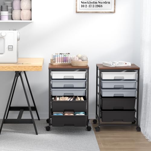SYKIARIOL Utility Cart with 5 Drawers,Storage Drawer Cart with Wooden Tabletop and Lockable Wheels,Craft Storage Trolley Cart,5-Tier Rolling Utility Cart on Wheels,Dark Grey - color: Dark Grey