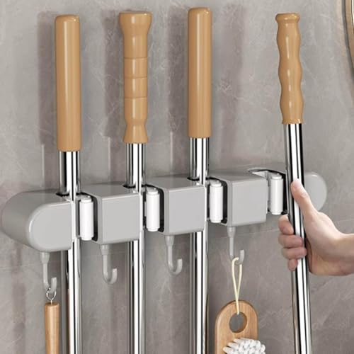 Wall Mounted Mop and Broom Holder, 4 Racks And 5 Hooks Vacuum Suction Cup Mop Holder, Stainless Steel & ABS Organizer for Kitchen, Bathroom, Garage, Laundry Room (Black) - color: Black
