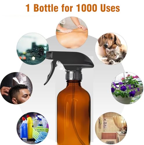 LANBEAUTIFY 8oz Amber Glass Spray Bottles - 2 Pack Empty Refillable Bottles for Cleaning, Hair Care, Essential Oils, Plants - Includes Durable Nozzle, Labels, Funnel & Dropper, Handheld Size