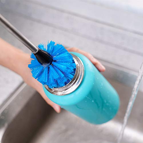 MOSOLAN Stainless Steel Bottle Brush with Replaceable Head, 2 Pack Long Handle Scrubbing Brush for Water Bottles, Glasswares, Mugs, Flasks, Tumblers, Vases, and Kitchen Sink, Blue, 15 in - color: Blue, size: 15 Inch (Pack of 2)