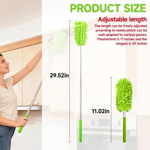 Extendable Microfiber Duster, Telescoping Dusting Brush for Home and Car Cleaning, Adjustable Length, Soft and Flexible - color: Elongated Green