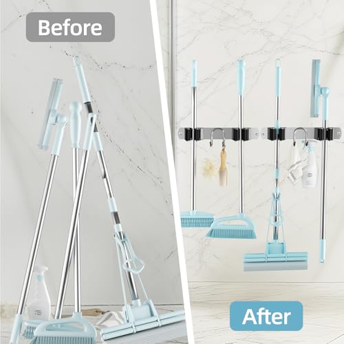 Broom Holder Wall Mount, 2-Pack Stainless Steel Mop and Broom Organizer, Broom Hanger with 2 Slots 2 Hooks for Home Kitchen, Garage, Garden and Laundry Room, Silver - color: Silver-2 Pack