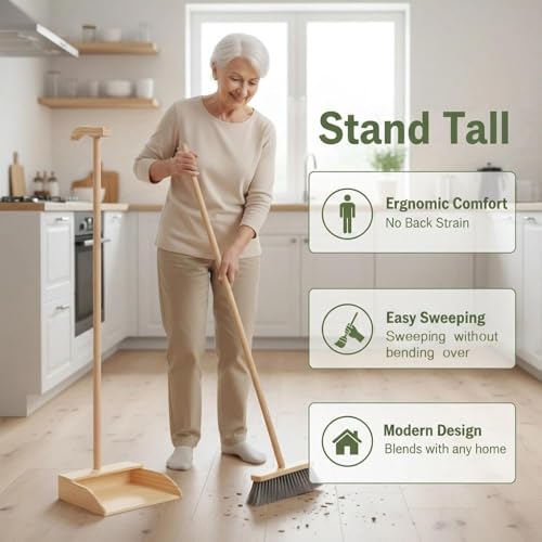 Wooden Dustpan – Long Handle Standing Dust Pan for Home, Lobby, Shop, Garage & Yard
