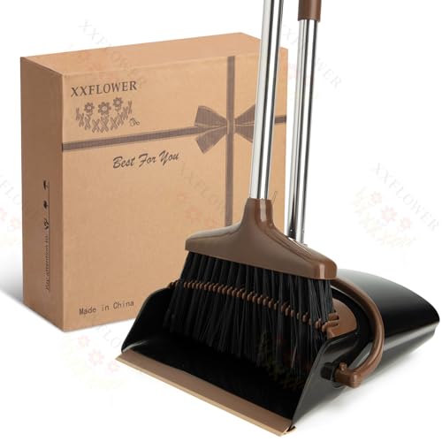Broom and Dustpan Set with Long Handle, Light Weight Stainless Steel Poles Stand Upright Dustpans with Broom Combo for Home Kitchen Office Pet Dog Hair, 1-Pack (Black Brown) - color: Black Brown