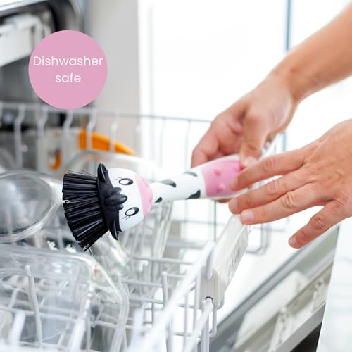 Vigar Soap Dispensing Dish Brush - Moo Cow-Shaped, Dish Brush with Handle and Soap Dispenser, Dish Scrub Brush for Dishes, Pot Scrubber, Sink Scrubber, Kitchen Brush, Kitchen Essentials - White, Black - color: Moo Cow