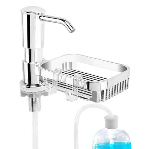 Built-in Kitchen Sink Soap Dispenser With 40" Extension Tube Kit and Storage Basket, Liquid Pump, No Need to Refill Little Bottle (Silver) - color: Silver Color
