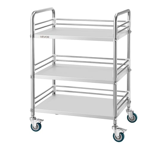 VEVOR Stainless Steel Rolling Cart, 3-Tier Metal Utility Cart with Lockable Wheels, Medical Serving Trolley Clinic Tray, Mobile Service Cart for Hospital, Lab, Restaurant, Kitchen, Salon - size: 3-Layer Shelf