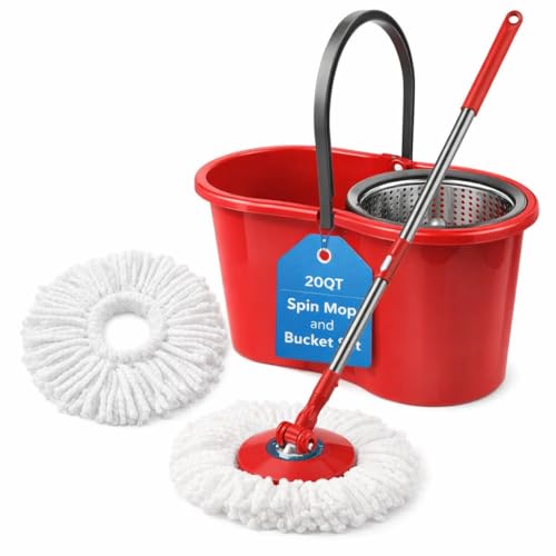 Spin Mop and Bucket with Wringer Set, 360° Mop System, 20QT, 2 Heads