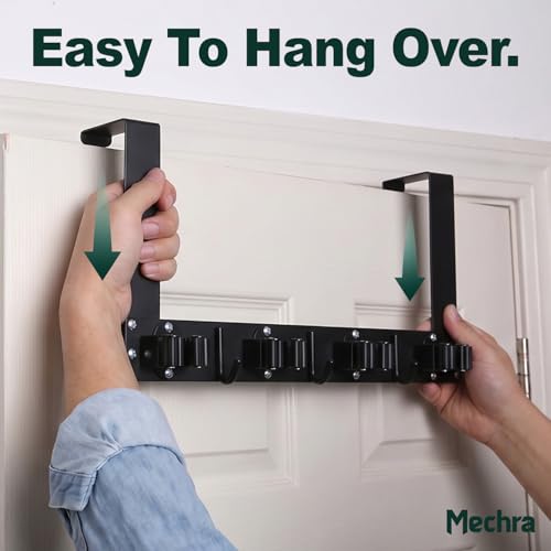 Over The Door Broom and Mop Holder, Heavy Duty Stainless Steel Organizer with 4 Slots and 3 Hooks, No Drilling Space Saving Tool Hanger for Kitchen, Laundry Room, Closet, and Garage - Black - color: Black