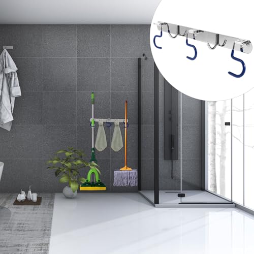 FENICAL Heavy-Duty Wall-Mounted S-Type Mop Hook Holder 304 Stainless Steel Rack with 3 Mop Slots and 2 Utility Hooks for Kitchen Garage Bathroom Storage