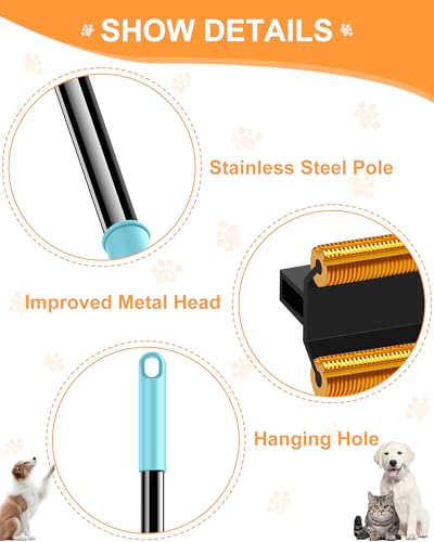 3 in 1 Carpet Rake for Pet Hair Removal Tool, 51” Adjustable Long Handle Pet Hair Removal Broom, Pet Grooming Brush, Cat Dog Hair Remover Carpet Scraper for Rugs, Mats - color: Blue-black