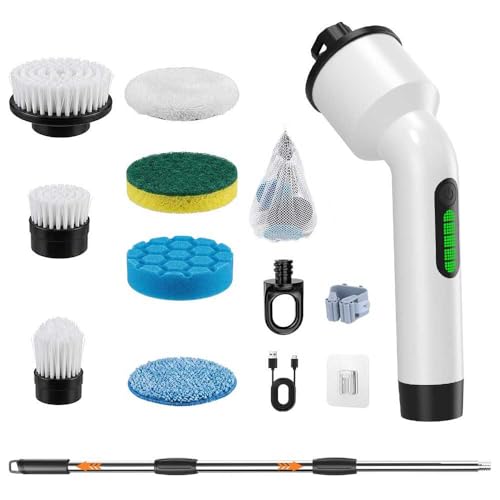 Electric Spin Scrubber, Cordless IPX7 Waterproof Cleaning Brush with Dual-Hook Design, 7 Replaceable Brush Heads, Adjustable Telescopic Handle & 2 Speeds for Bathroom, Kitchen, Floor