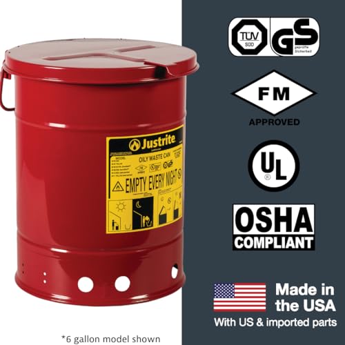 Justrite 6 Gallon Galvanized Steel Oily Waste Can, 16" x 12" Metal Oil Rag Safety Can with Hand Operated Self-Closing Lid for Oil Rag Disposal, Made in The USA, Red, 09110 - color: Red, size: 6 Gallon, style: Hand-Operated Lid