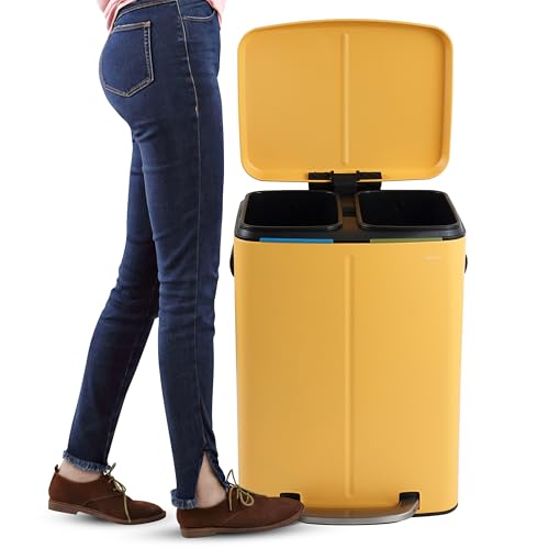 happimess HPM1005L Marco Rectangular 10.6-Gallon Double Bucket Trash Can with Soft-Close Lid, Daffodil Yellow, Fingerprint Resistant, Modern, Minimalistic for Home, Kitchen, Office, Bedroom, Bathroom - color: Daffodil Yellow