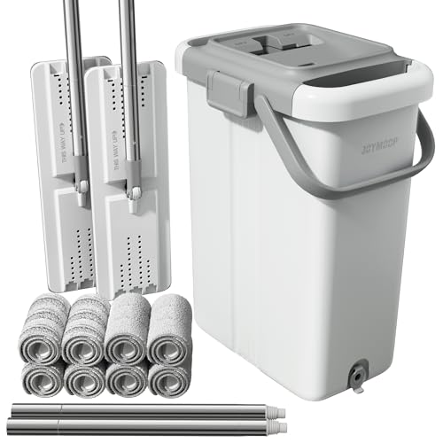 JOYMOOP Mop and Bucket Set for Floor and Wall Cleaning, Commercial and Household Use, Flat Mop System with 60" Dual Mops + 8 Pads - color: White Max582