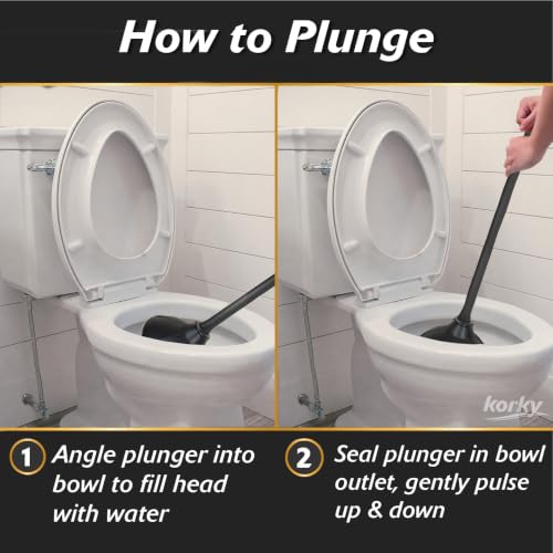 Korky Black Toilet Plunger and Holder – Heavy Duty Compact Design – Fast Clog Removal – Easy to Clean - Made in USA - color: Black
