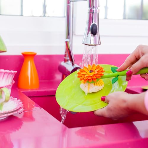 Vigar Flower Power Dish Brush with Handle and Vase Holder - Dish Scrub Brush for Dishes, Kitchen Scrub Brush, Dish Brush with Handle, Sink Cleaning Brush, Pot Scrubber, Dishwashing Brush - Orange - color: Orange