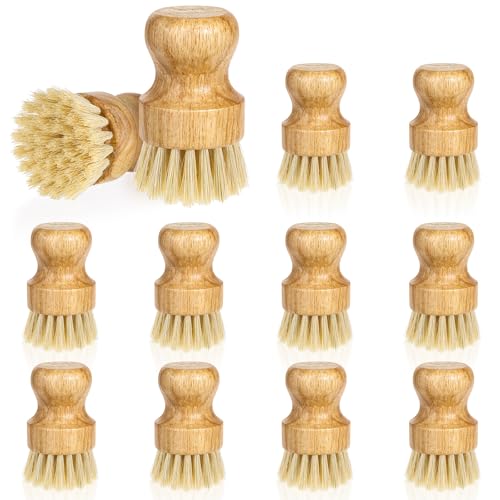 12 Packs Bamboo Dish Scrub Brush Wooden Washing Scrubbers with Sisal Bristles Kitchen Palm Pot Brush Round Mini Dish Brushes for Household Iron Pot Pan Sink Sink Vegetables Cleaning - color: Yellow