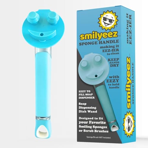 The Original Smiling Sponge Handle Soap Dispensing Handle by Smilyeez for the Smiling Sponge with Smilyeez Caddy & Dishwand with 2 Scrub Brushes (Light Blue) - style: Light Blue With Brush Dishwand