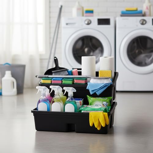 3-Compartment Plastic Cleaning Caddy Basket – Stackable Large Commercial Quality Plastic Tool Organizer Bucket with Handle, Black