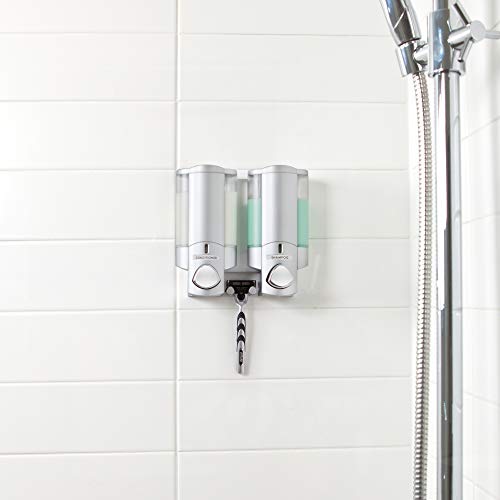 Better Living Aviva Wall Mount Shower Dispenser, 2 x 11oz, Satin Silver | 2 Chamber, Shampoo, Conditioner, Body Wash and Soap Dispenser, Built-in Hooks, No Drill, Waterproof Shampoo Soap Dispenser - color: Satin Silver, size: 2-Chamber