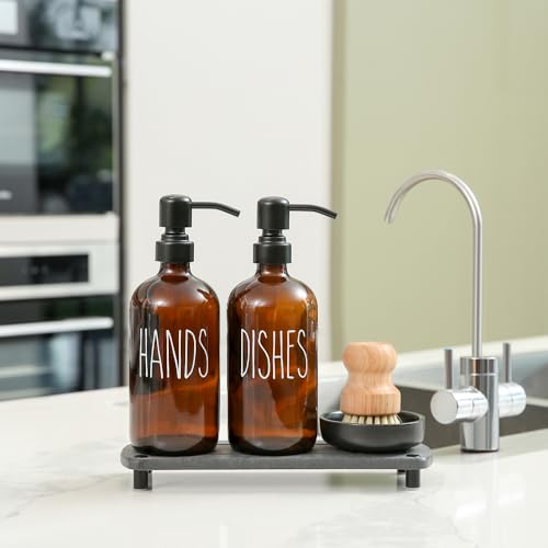 MOMEEMO Amber Glass Soap Dispenser Set Comes with Stainless Steel Pumps, Instant Dry Tray, and Dish Scrub Brush, Suitable for Soap Dispenser for Kitchen Sink. (Amber) - color: Amber1