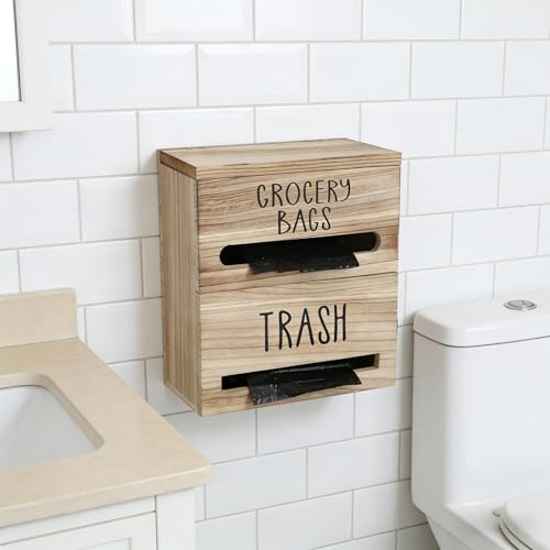 2 in 1 Trash Bag Dispenser, Double Wall Mounted,Wood Trash Bag Holder, used in kitchen, garage, laundry room, can store Environmentally friendly food bags (White/Brown(10inch*5.5inch*12.2inch)) - color: White/Brown(10inch*5.5inch*12.2inch)