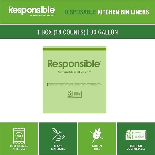 Responsible Products Kitchen Bin Liners, Certified Compostable, Heavy Duty Multipurpose Food Scrap Bags, Made from Compostable Materials (30 Gallon Drawstring, (18 Count)) - size: 30 Gallon (18 Count), style: 30 Gallon Drawstring