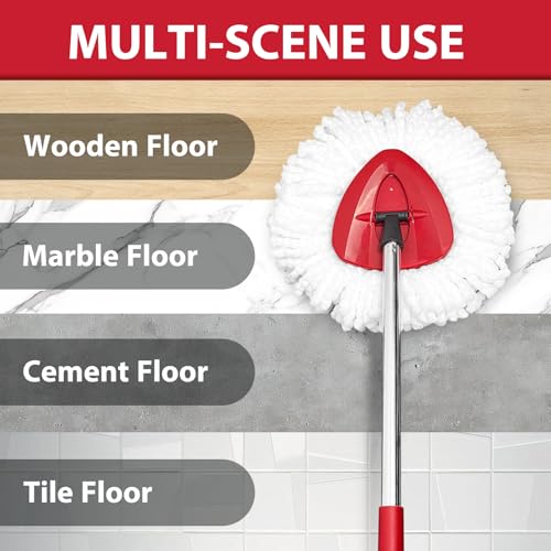 Spin Mop Heads, Handle, Base, Scrubber Head Replacement for OCedar EasyWring 1-Tank System, Microfiber Mop Refills, 30-58in Adjustable 4-Section Handle, Floor Cleaning(No Bucket)