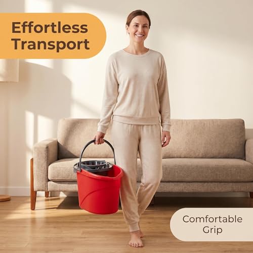 2.5 Gallon Mop Bucket with Built-in Wringer, Hands-Free Mop Bucket for Floor Cleaning, Compact Cleaning Bucket with Pour Spout and Comfort Grip Handle, Heavy-Duty Mop Wringer Bucket, Red