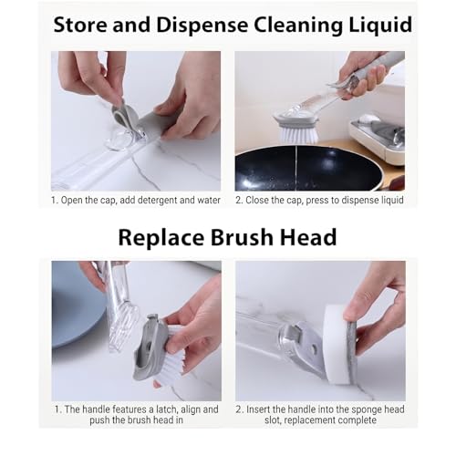 Soap Dispensing Dish Brush Set - Ergonomic Kitchen Scrub Brush with 4 Replaceable Heads (2 Bristles & 2 Sponges), Non-Slip Palm Scrubber for Pot, Pan, and Sink Cleaning