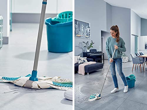 Leifheit Power 3in1 Floor Set, Complete Mop & Bucket Set, Mop-3 Different Fibres 27cm Long Ensure Effective Clean, 12 L Bucket with Wringer, 3 Part 120 cm Steel Handle, Viscose, Turquoise, Medium