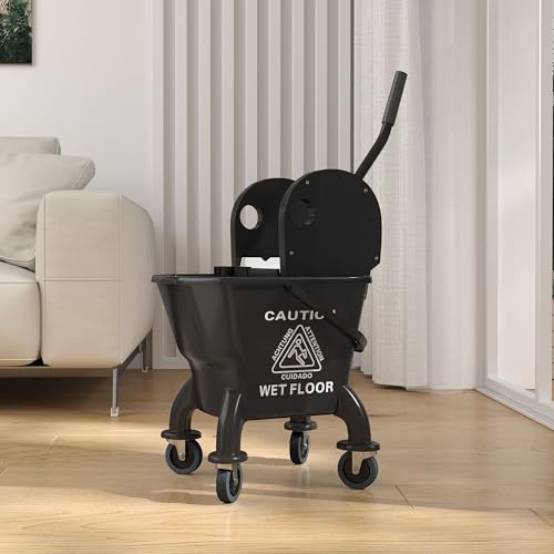 27.5qt Durable Mop Bucket Featuring Down Press Wringer on 360-Degree Swivel Bearings and Enhanced Adjustable Handle Black