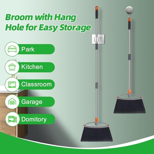 Soft Bristle Broom, Heavy Duty Broom with Collapsible Handle, Ideal for Indoor Outdoor Hardwood Floors Kitchen Salon Camping Cat Pets Hair Home Room Office, Sturdy and Durable, Gray - size: Flagged Bristle