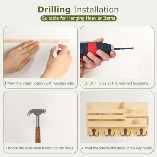 Key Holder Wall Mount, Wooden Adhesive Mail and Key Organizer with Drawer, Small Shelf, 8 Hooks, 2 Installation Methods, Natural - color: Natural