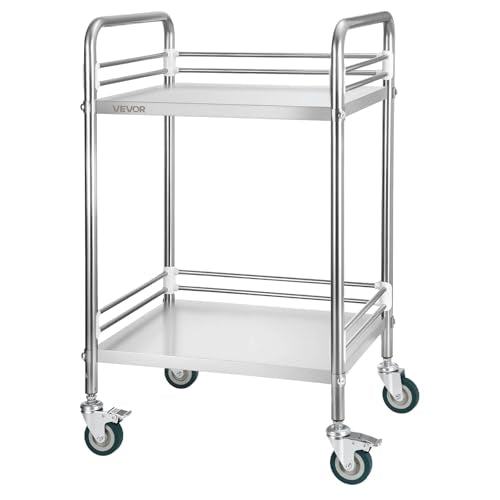 VEVOR Stainless Steel Rolling Cart, 2-Tier Metal Utility Cart with Lockable Wheels, Medical Serving Trolley Clinic Tray, Mobile Service Cart for Hospital, Lab, Restaurant, Kitchen, Salon - size: 2-Layer Shelf