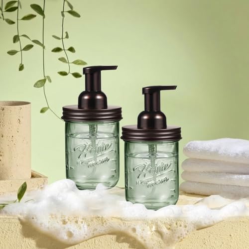 SheeChung Mason Jar Foaming Soap Dispenser, Stainless Steel Lid, BPA Free Pump, Green Glass Foam Hand Soap Dispenser, 16Oz Refillable Liquid Foam Dispenser Bottle, Bathroom Kitchen, Dish Soap-Bronze - color: Wide Mouth, Bronze-1 Pack